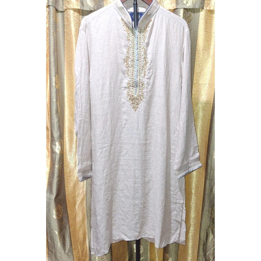 Vogue by Prince Men's Linen Embroidered Panjabi Kurta Beige Size 42 Festive Wedd